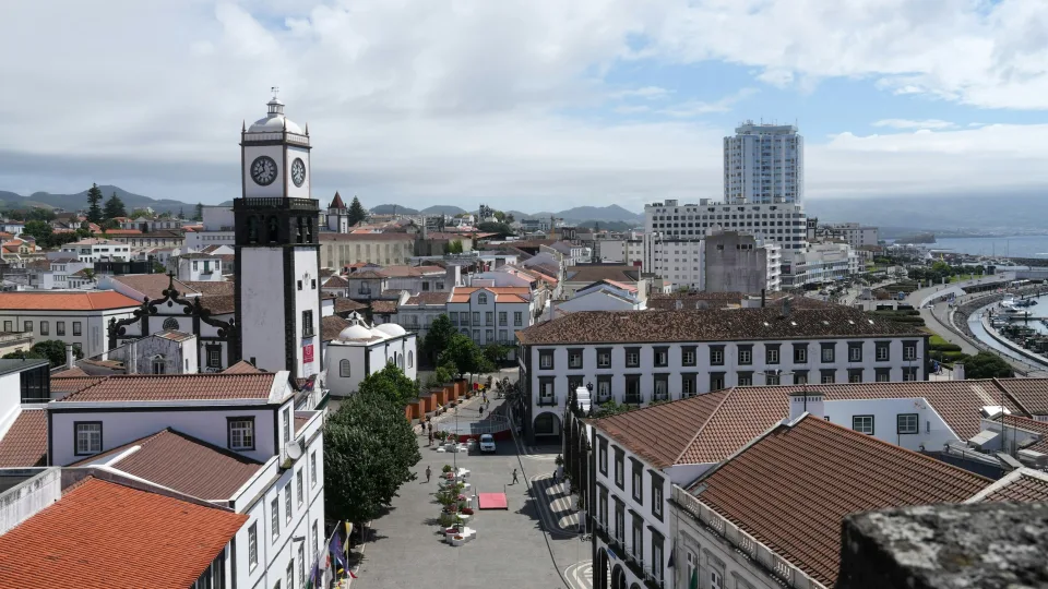 Ponta Delgada rooftops and clock tower beside the waterfront on São Miguel, Azores