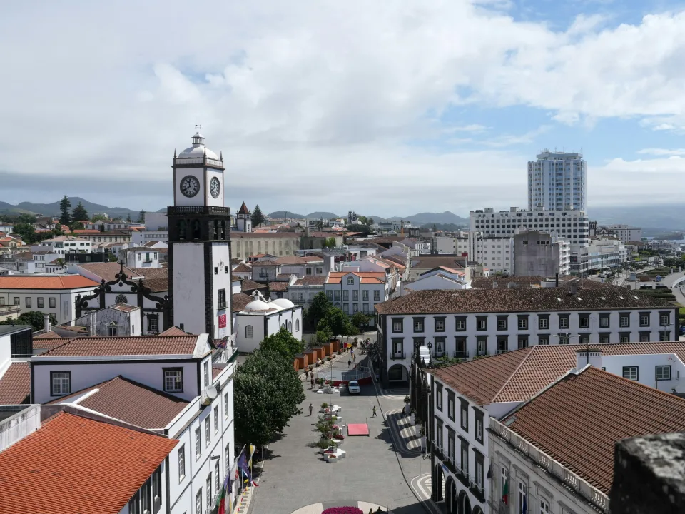Ponta Delgada rooftops and clock tower beside the waterfront on São Miguel, Azores