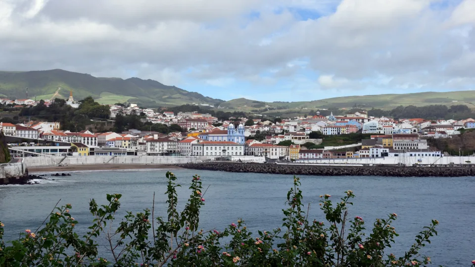 Angra do Heroísmo waterfront buildings beside the bay in Portugal