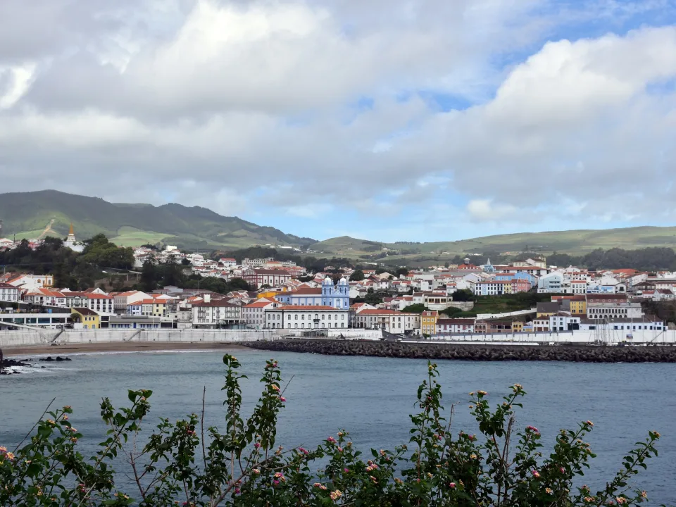 Angra do Heroísmo waterfront buildings beside the bay in Portugal