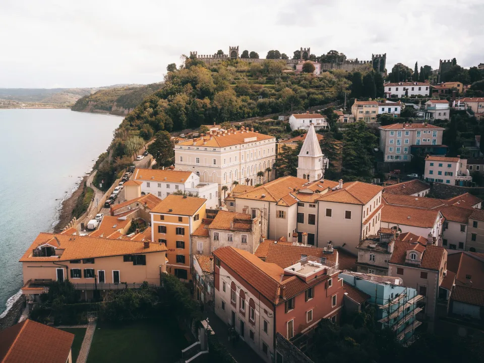 Piran rooftops and medieval walls above Slovenia’s Adriatic coast