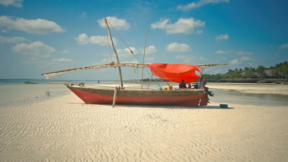 Traditional wooden boat on a Zanzibar shore