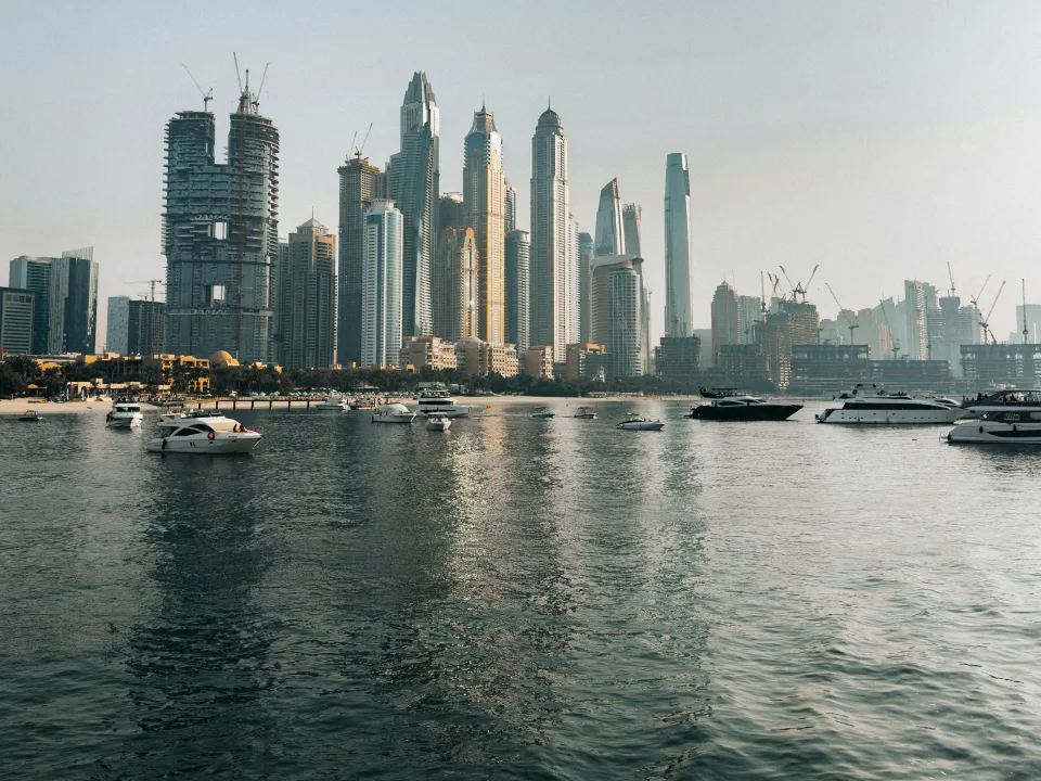 Dubai Marina skyline and yachts in the United Arab Emirates