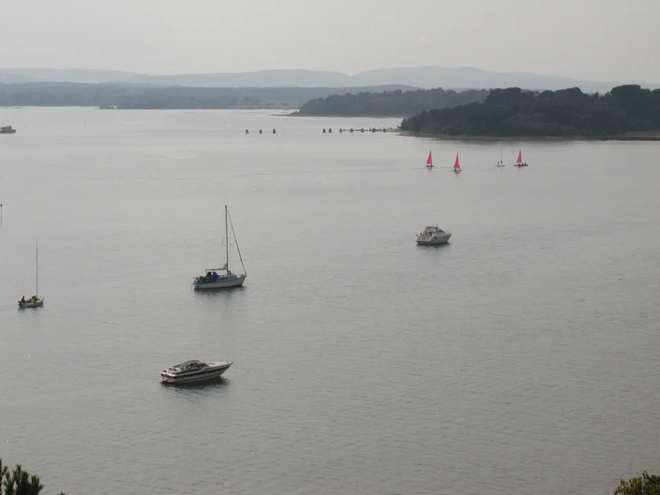 Regional harbour context: small sailing and motor boats in Poole Harbour, with wooded shoreline and hazy hills