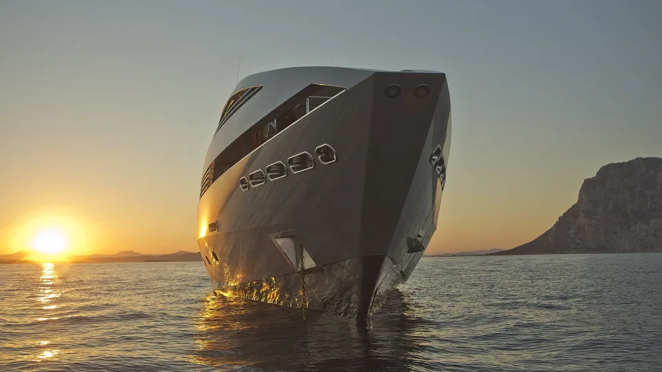 Bow of motor yacht Ocean Pearl off Tavolara, Sardinia