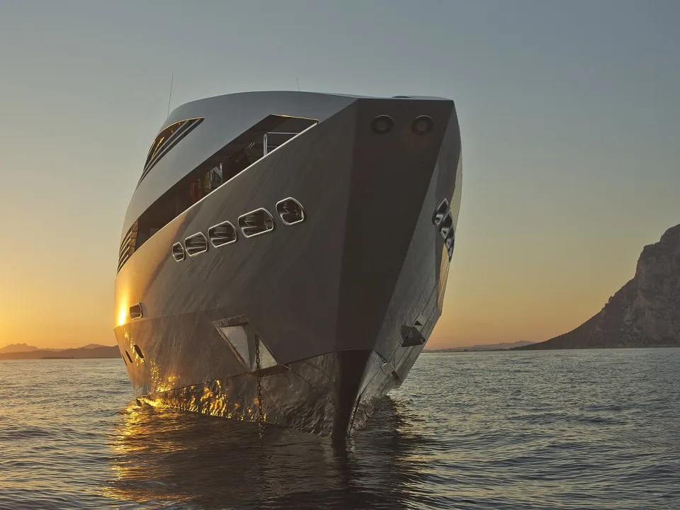Bow of motor yacht Ocean Pearl off Tavolara, Sardinia