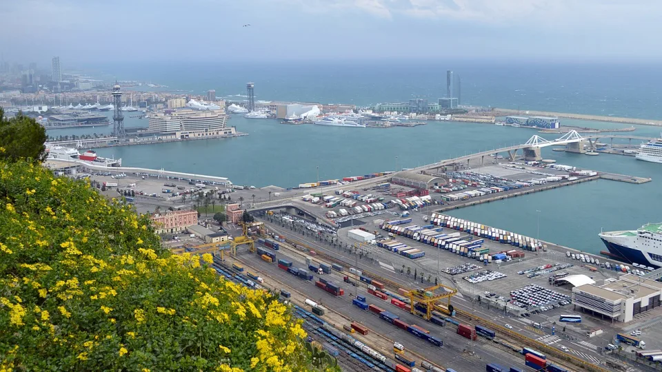 Barcelona harbour and waterfront seen from the slopes of Montjuïc.