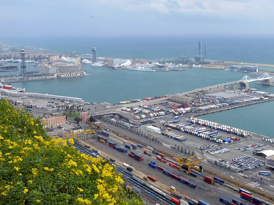 Barcelona harbour and waterfront seen from the slopes of Montjuïc.