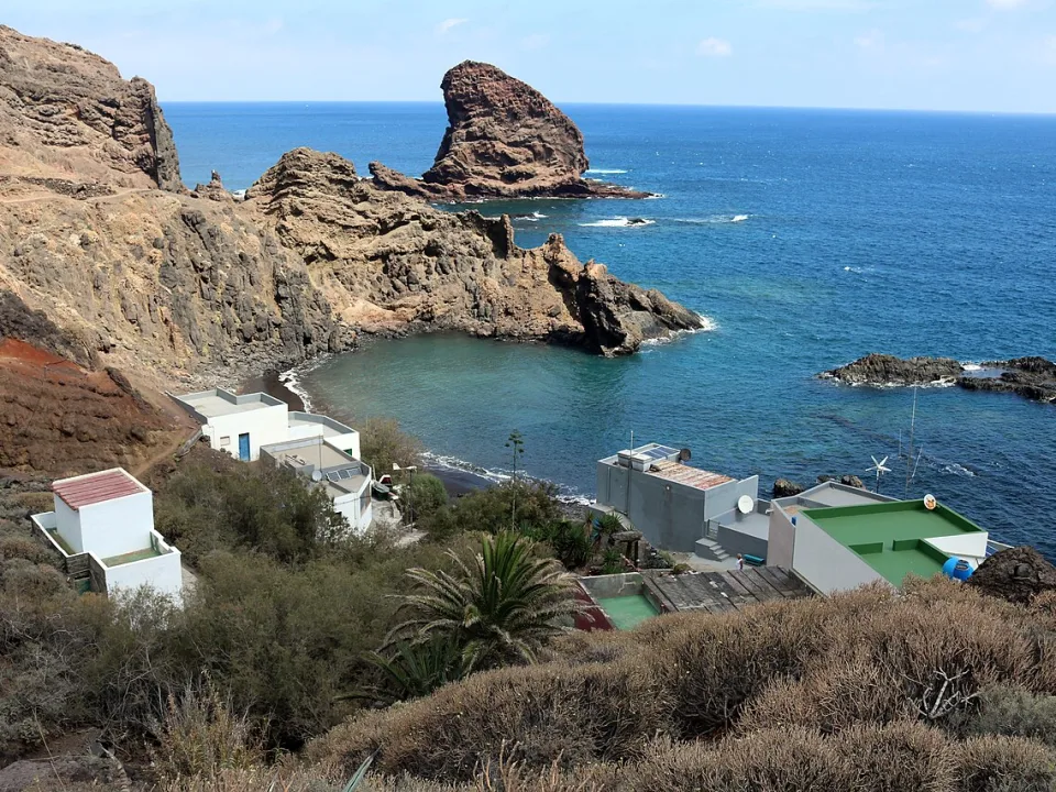 Volcanic rocks and the coastal bay at Roque Bermejo, Tenerife.
