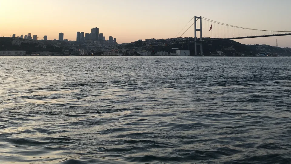 The Istanbul shoreline and suspension bridge over the Bosphorus.