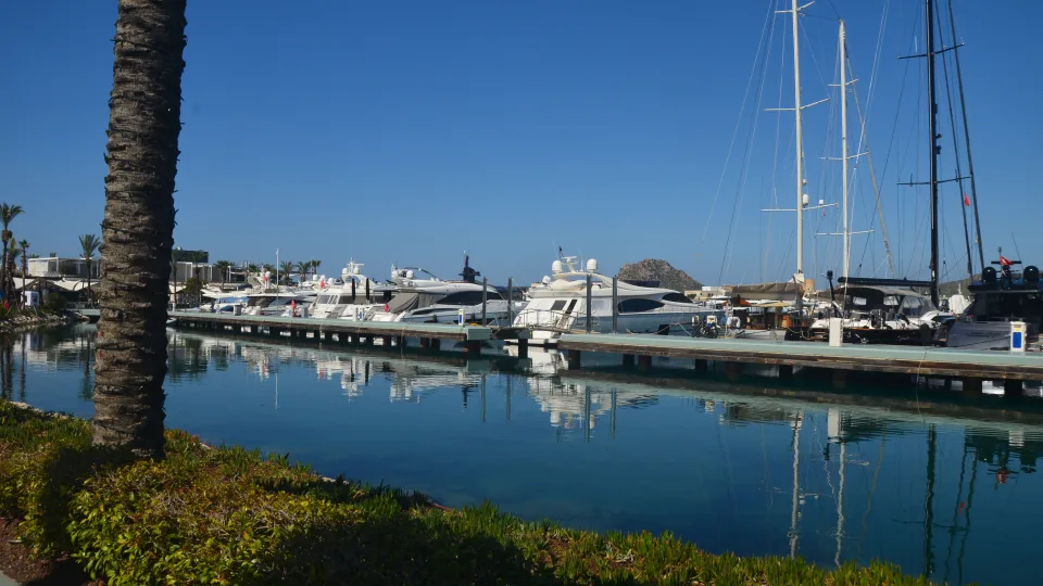 Regional Bodrum Peninsula context: motor yachts moored at Yalıkavak marina.