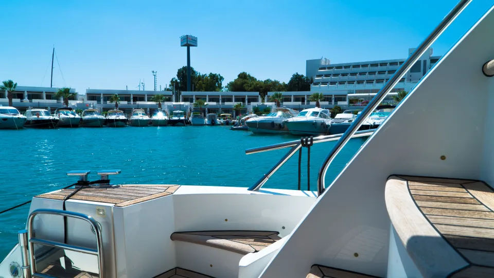 A yacht deck and moored boats at the Çeşme marina on the İzmir coast.