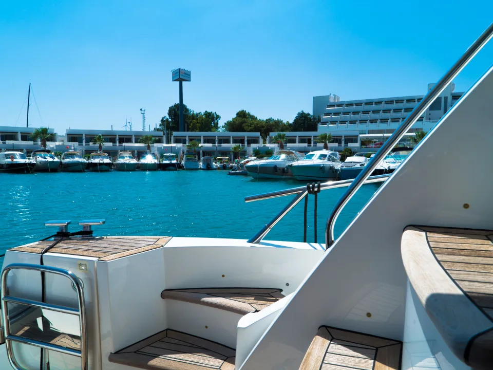 A yacht deck and moored boats at the Çeşme marina on the İzmir coast.
